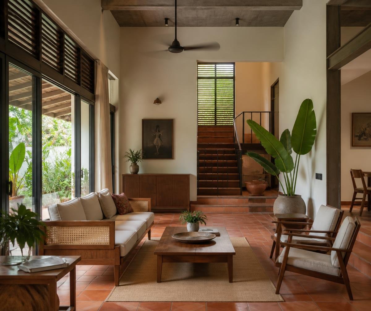 Living room of a modern South Indian home with terracotta flooring